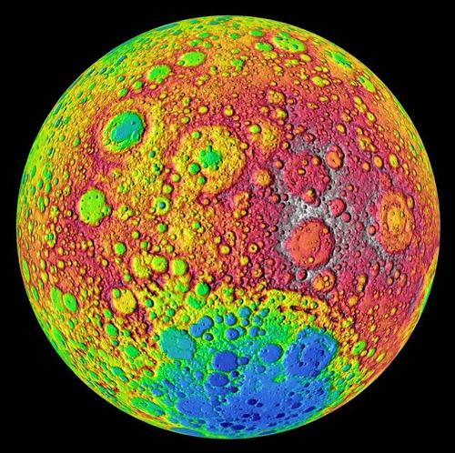 Psychedelic moon - Picture of the dark side of the moon recently released from nasa. It shows the elevation of the dark side of the moon red being the highest blue the lowest. I just thought it looked cool.