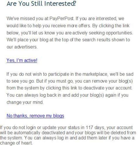 Letter from PayPerPost - A letter asking about my interest with PayPerPost