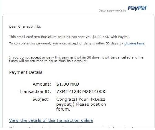 My 1st Payment from HKBuzz - This the confimation email that i receive from the HKBuzz payment.