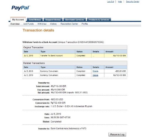 paypal withdrawal screen-shoot - Screen shoot of withdrawal my funds from paypal