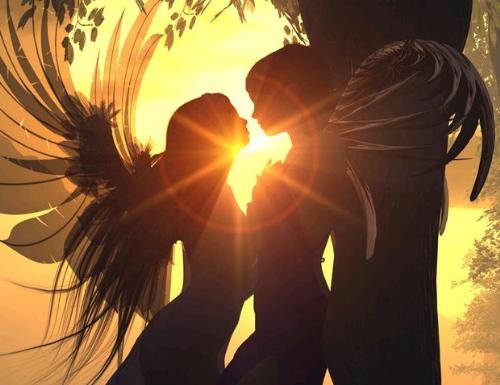 Angels in Love  - Two Angels silhouetted by the golden rays of the sun behind them.