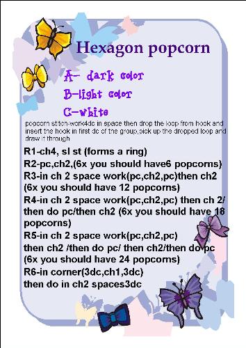 Crochet Pattern for Afghan Square - This is a picture of a crochet pattern I came up with for my website .I started crocheting at age 5 and have made up my own patterns. This pattern is simple and easy . It is a hexagn shape made with different colors my favorites white mixed with neon bright colors. I made an afghan for my friend with different purple colors that she purchased at a Michaels craft store mixed with white and she just loves it.This pattern can be used with different types of yarn or clearance sale yarn better yet.Beginner stitches are used and this is a great pattern for younger kids.