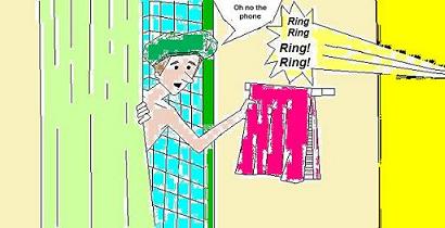 Men in shower & phone rings - Phone rings while men in shower.