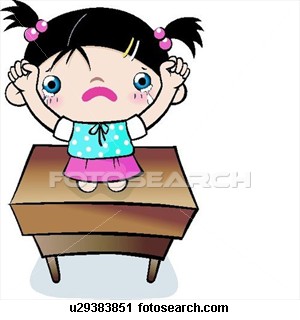 punishment - Child made to raise her hand and stand on a desk