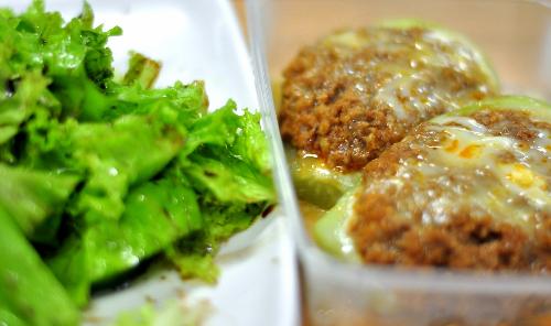 South Beach Diet Phase One meals - Greens with balsamic vinaigrette and chayote/sayote stuffed with ground beef and cheese.