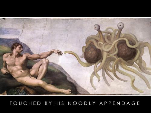 Flying Spaghetti Monster - The real creator, touching man with his noodley appendage.