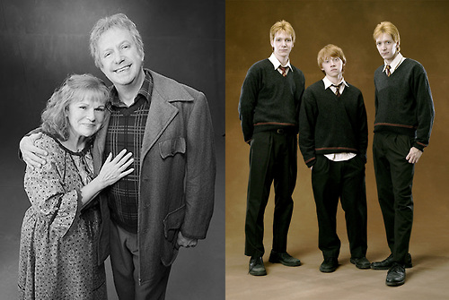 Weasley family - Mr. and Mrs. Weasley in black and white, and the youngest boys Fred, George and Ron.