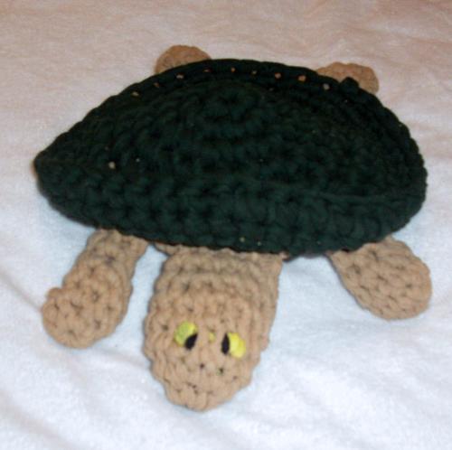 Crochet Turtle made totally from T Shirts - I just finished up this cute turtle. I cut up stripes of t shirts and crochet it. It's sewn,stuffed and the eyes are all made from t shirts. Measures about 9 inches. The edge of the shell folds up or down for different looks