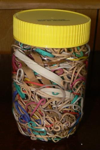 rubber bands - This is how I store my rubber bands in a washed out peanut butter jar.