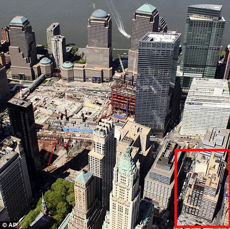 Site of the proposal Islamic centre mosque - This aerial photo shows the New York city block, lower right, where a 13-storey mosque is planned for construction two blocks north of the World Trade Centre site, centre left