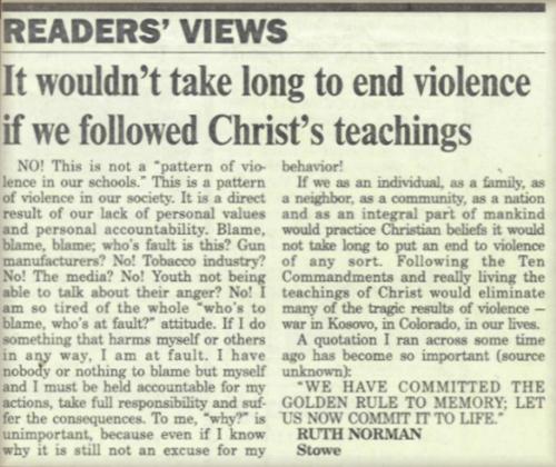 Letter to the Editor - Letter to the editor written by Ruth Cox Norman, 1999