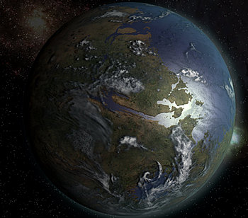 Mars terraformed - What mars would look like if it had liquid water and a thicker atmosphere. This is done using actual Mars height maps and terrain.