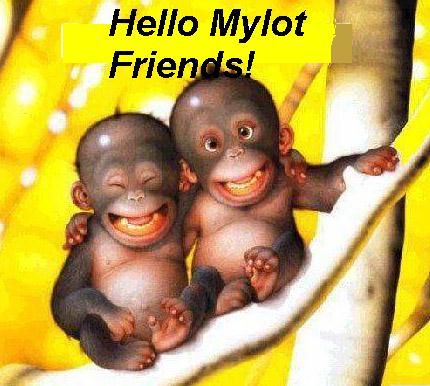 Hanging with mylot buds! - This is a darling picture of two very cute monkeys in a tree with the words hello mylot friends in black lettering with a yellow background,
