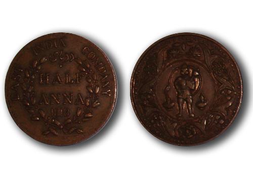 Half Anna - It is an old Copper Coin worth Half Anna dated to 1818 of the East India Company with an image of Hanuman on the reverse