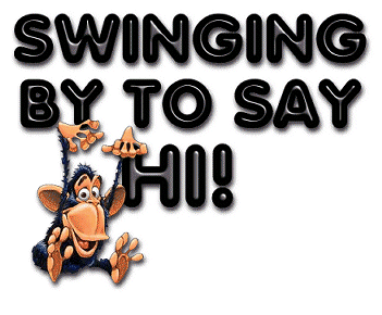 Swinging by to say Hi! - this is a cute little picture of a little black monkey swinging on the words swing by to say hi! in gray and black lettering with a white back ground