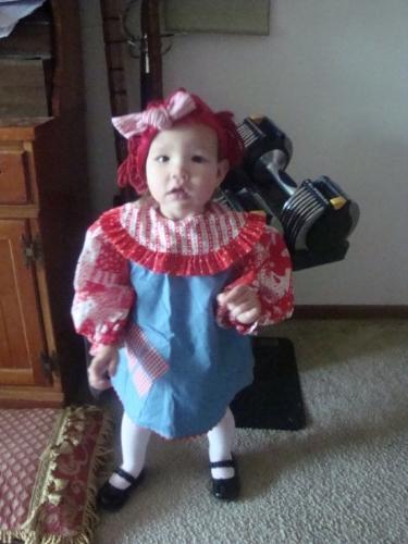 Samhain 2009-Daughter as Raggedy Anne - My daughter had just learned to walk last year so she was still getting her land legs.