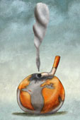 burning cigarette on a globe  - The image is of a cigarette damaging the earth.