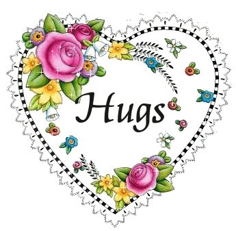 Hugs! - this is a pretty picture of a crocheted heart with blue,yellow,purple,and pink flowers and pink roses. it has the word hugs in the middle of the heart and has a black back ground