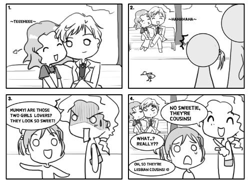 Cousins - In relation to the example of Michiru and Haruka, English names Michelle and Amara, here is a strip from Moonsticks, pointing out the issue with the couple being referred to as cousins in the English dub.