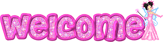 Your welcome! - Tis is the picture of the word welcome in pink sparkles and outlined in pink with a little fairy at the end with blue wings. With a  black background