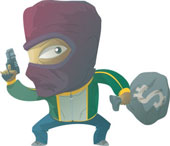 a robber or someone who takes what doesn't belong  - A cartoon man in a mask holding a gun and a bag of money.