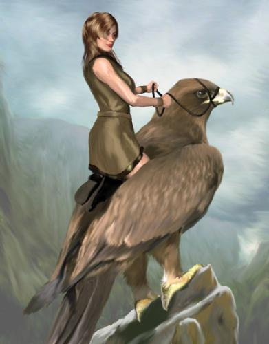 photo of a women and a griffen - women about to ride a griffen.