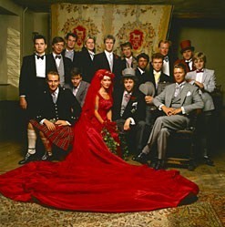 So brave to wear red! - Paula Yates in a red wedding dress. Love it!