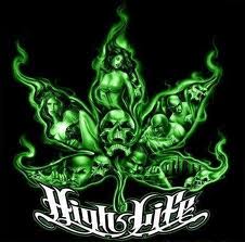 have you done drugs? - a cannabis leaf with the words ' High life', and girls in the leaf, all surrounding a skull
