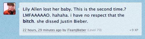 Justin Bieber fans mock Lily Allen over miscarriag - Justin Bieber fans, otherwise known as Beliebers, are heartless little twits. After having a miscarriage, Beliebers immediately mocked Lily Allen because she previously made fun of Justin Bieber. How dare you? This woman has just suffered one of the worst days of her life! Justin Bieber fans mock Lily Allen over miscarriag - Justin Bieber fans, otherwise known as Beliebers, are heartless little twits. After having a miscarriage, Beliebers immediately mocked Lily Allen because she previously made fun of Justin Bieber. How dare you? This woman has just suffered one of the worst days of her life!