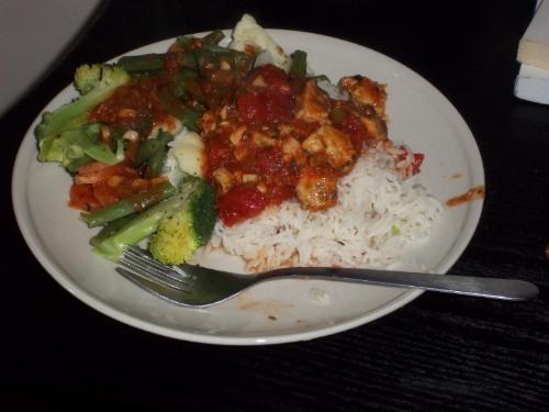 My Happy meal - Steamed veggies, chicken in fresh tomato basil sauce and basmati rice