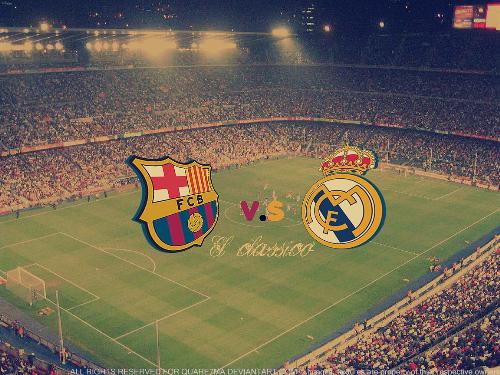 El Classico picture - A picture of Camp Nou, with the logos of Barcelona and Real Madrid and the El Classico inscription