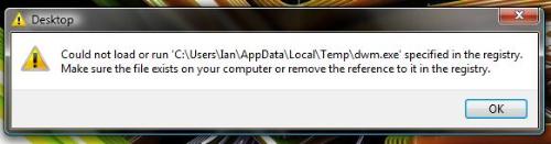 Could not load dwm.exe Image - Could not load or run &#039;C:\Users\***\AppData\Local\Temp\dwm.exe&#039;