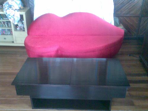 Lip shape sofa and a coffee table. - Four words to best describe this. Foam. Velvet. Wood. Wenge.