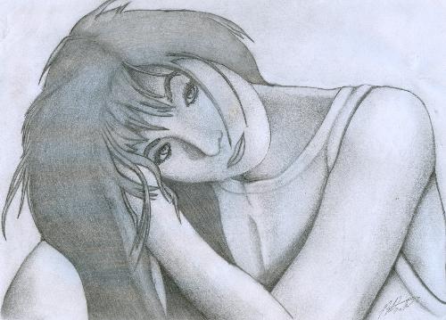 Pencil Drawing - Pencil drawing done using an 8B and 2H pencil, depicting a woman running her hand through her hair while looking at the viewer.