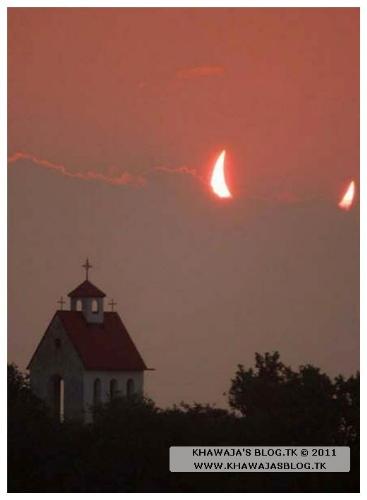 The End is Near, Devil is Here..! - The sun can be beautiful in many ways, but in this picture it is captured in the scariest way you can imagine. It really looks like the devil’s horn are hiding behind the clouds, and it’s ironic that there’s a church in the foreground. Then again it is all just an optical illusion.