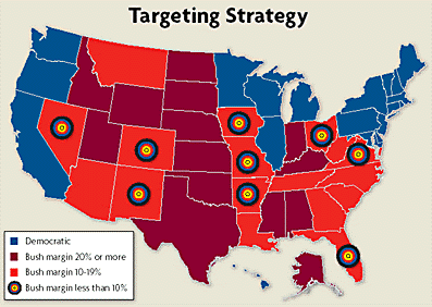 Bullseye map - A map with bullseyes on states where a party could win