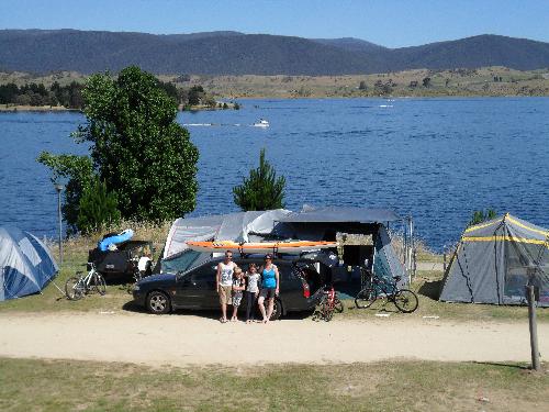 Camping at Lake Jindabyne - This is me and my family in front of our car and tent.

Jindabyne is in the Snowy Mountains in Southern New South Wales, Australia.