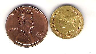 Gold coin compared to a penny - 1868 1 peso Spanish coin of Queen Isabel II minted in Manila, compared in size to a penny but can pay a month of electric bill.