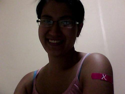 Me and my cervical cancer vaccine band-aid. - I took this one when I had the vaccine for Cervical cancer, I posted it on FB to let all my friends know that there is a vaccine, and that it's not too late for us to get it.. As they say, prevention is better than cure.