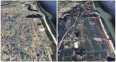 Japan&#039;s Sendai area satellite image - A combination picture of satellite images shows Japan&#039;s Sendai area before the earthquake on March 11, 2011, (Left) and after the earthquake on March 12, 2011. (Right)