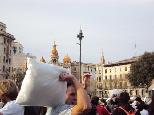 pillow fight day - April 2 is Pillow Fight Day. Find the closest location near you that hosts this event and bring your pillow! 
This photo is from Plaza Catalunya, Barcelona, Spain. 