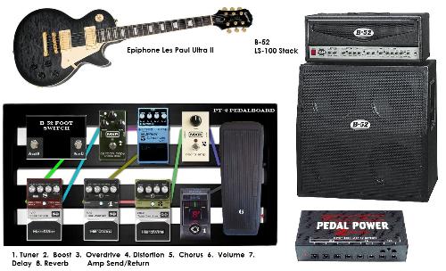 My Dream Guitar Rig - This is my dream guitar rig. My Les paul would run into the Korg Tuner first. I like this tuner because it's small, accurate, and can power an additional pedal on the board (9v). The next pedal would be the MXR Micro amp, for a good clean boost, or for solo work with my distortion. Then into the Digitech Hardwire series overdrive and metal distortion pedals. These have multiple voice options, and are true bypass. The overdrive is tube based, so it should help make the B-52 Solid-state sound more tube driven. The metal pedal is great for power chords with hard rock styled songs, or smooth lead work in the same genre. From there, the signal would run into the Boss Super Chorus. It's a cheaper pedal with a great Boss quality chorus for adding another dimension to power chords, or for a different style of clean tone. Then into my Dunlop volume pedal (even though it shows a wah, i just couldn't find a volume pedal by Dunlop on the site). It would be in this position so that I can control the volume level without dropping gain on my distortion\overdrive pedals. After the volume, I'd run into the Digitech Hardwire Reverb pedal. Like the other digitechs on the board, it has a true bypass switch. I like it for it's Lexicon quality reverb effects that it delivers. This would run into the input of a B-52 4x12 stack. It's an affordable 3 channel stack, 100 watts, with effects loop w\gain control, and an included footswitch. The MXR carbon copy delay would run into the effects loop instead of being in the chain. The board is a pedal train pt-2, powered by a voodoo lab supply. Thanks to anyone who had the patience and love of guitar rigs to read this!