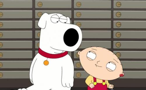 Family Guy - Stewie with Brian after having his ear pierced.