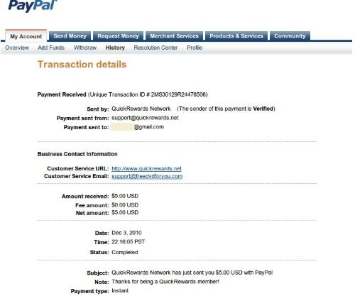 QuickRewards payment through Paypal - Payment proof from QuickRewards. They really do pay quickly!