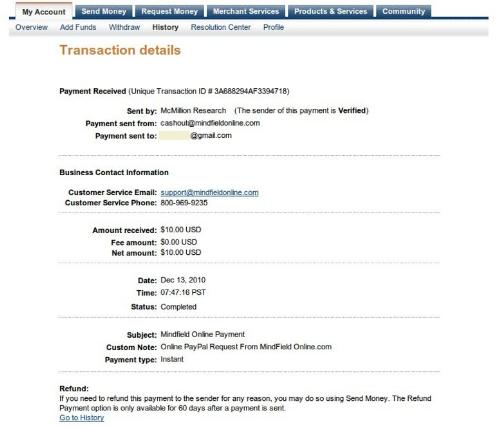 Proof of Payment from Mindfield! - Here is payment proof that there are legitimate survey sites out there.