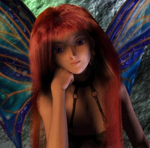 Mauvey - Fairy - Mauvey is a fiesty little fairy that is a character from a series of novels that I am working on.   Picture created using Poser 7 3D modeling software and Corel Painter Essentials software.