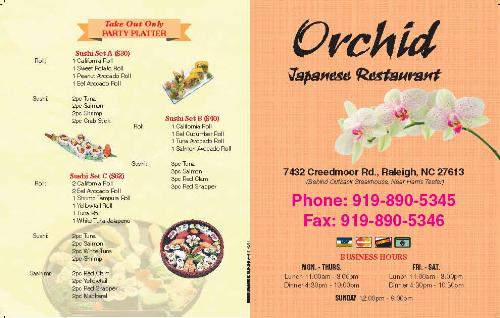 Orchid Japanese Restaurant Menu - This is the Orchid Japanese Restaurant menu! I love this place so much, the food it absolutely amazing and delicious. I recommend anyone to try this place if they are in the Raleigh area of North Carolina!