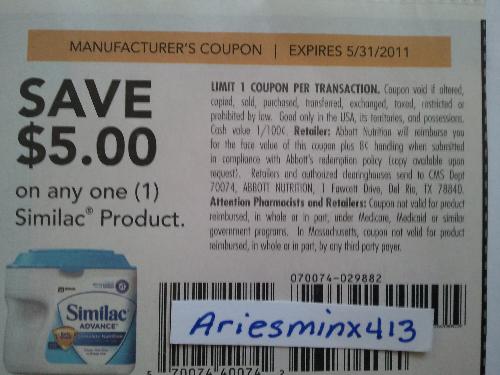 Similac Baby Formula - This is a photo of a coupon to Save $5 OFF one Similac Baby Formula product!! This coupon is really high value and with it you could purchase this product for a great price.