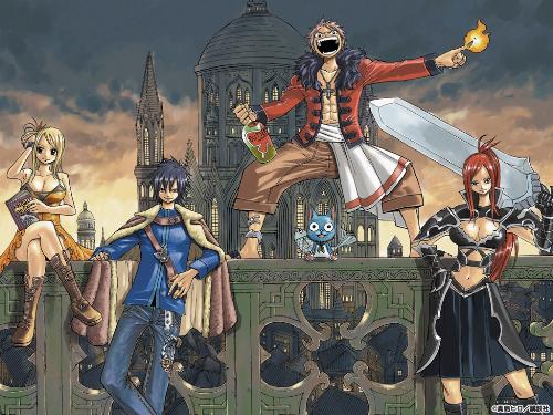 Fairy Tail - This is actually the original strongest team in Fairy tail. From left to right, Lucy Heartphillia, Gray Fullbuster, Natsu Dragneel, Happy (the cat), Erza Scarlet. Fairy tail is the most anticipated anime of all time. I love the anime and the manga itself.