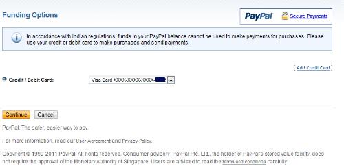 Paypal Purchase Confirmation Page - Showing the option of payment (Credit Card). Sad that we cannot pay by Bank account. Not to mention unable to use Paypal balance
